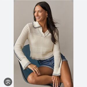 Audrey Parks + Francesca’s Ivory Barbara Crochet Stitch Collared Pullover - XS